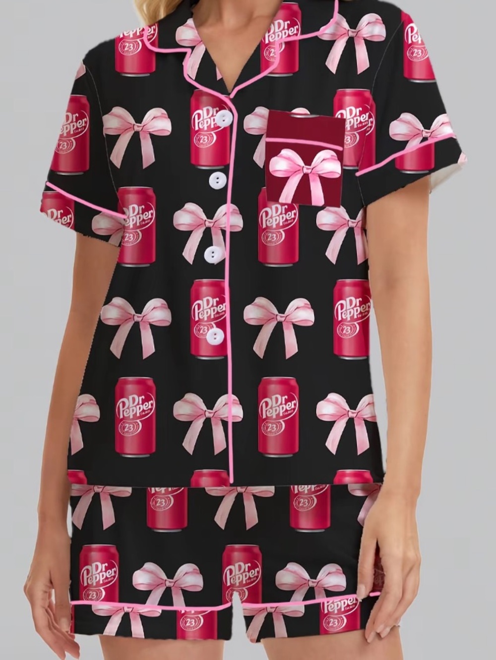 Black & Pink  Pajama Set - Short Sleeve Button-Front